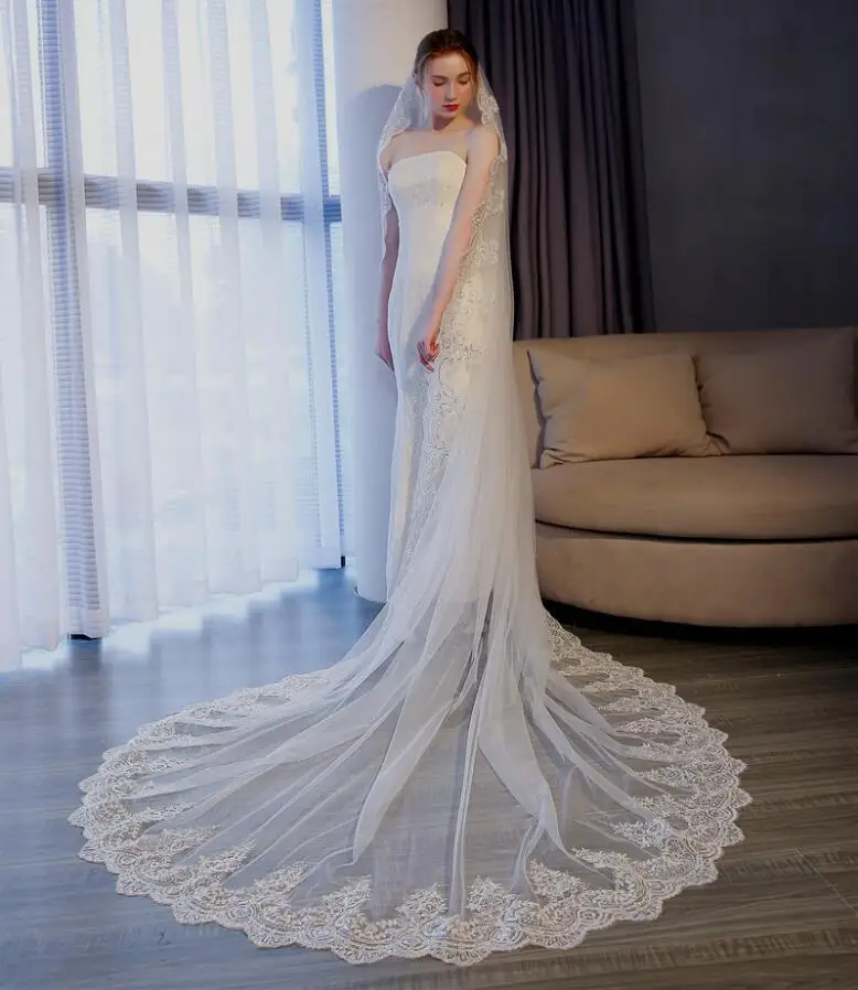 5เมตรสีขาวงาช้างแต่งงาน Wedding Veils Long Lace Edge ผ้าคลุมหน้าเจ้าสาวด้วยหวีอุปกรณ์จัดงานแต่งงานเจ้าสาว