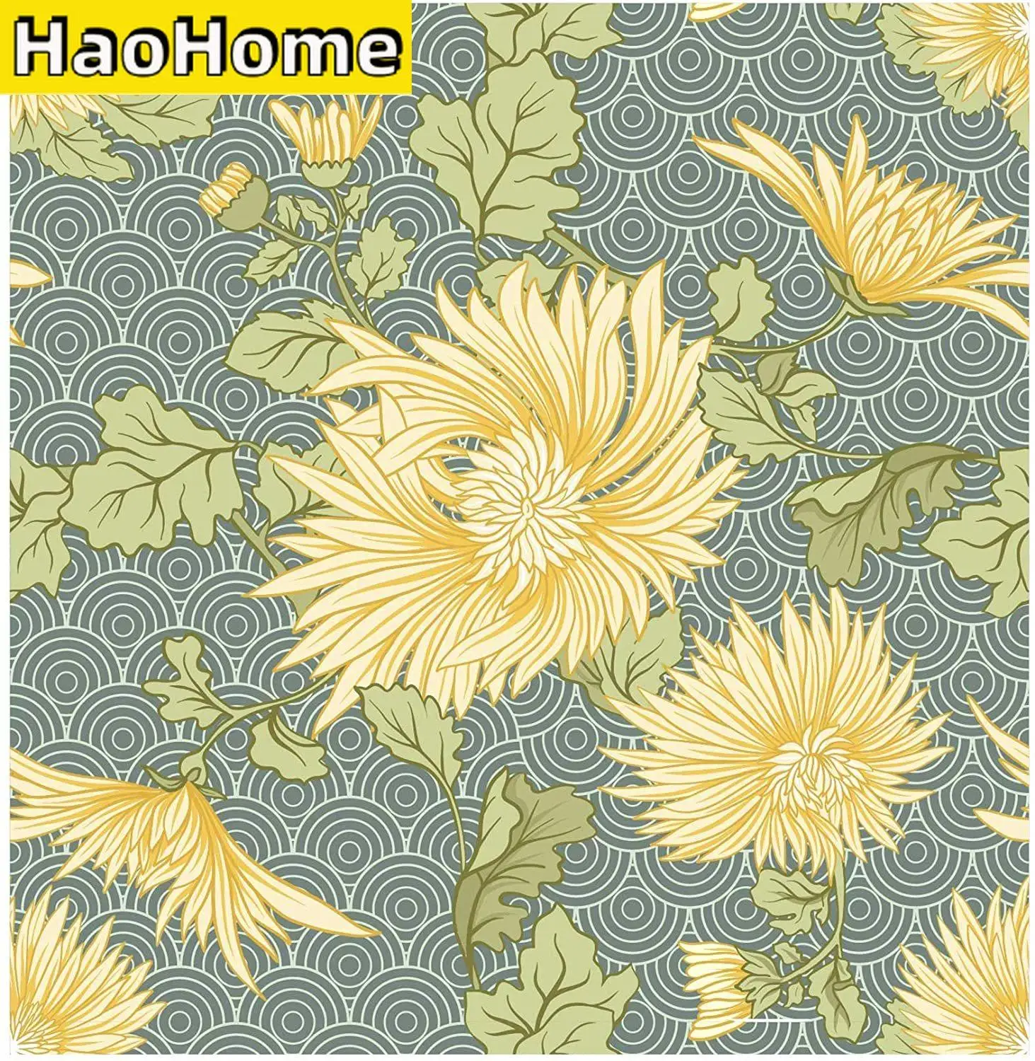 HaoHome Peel and Stick Handpainting Elegant Yellow Daisy Waves Self-Adhesive Prepasted Wallpaper Wall Mural Furniture Stickers