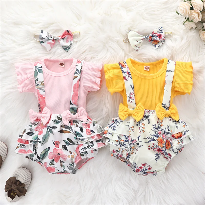 

Princess Baby Girl clothes Summer Knitted Ruffles Romper Bow Bloomers Shorts Overall Floral Print Outfits Infant Girl Clothing