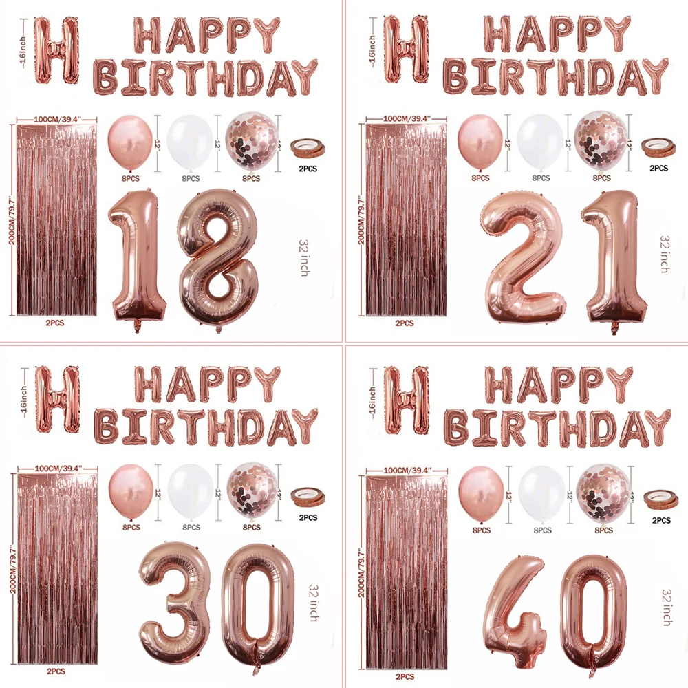 Rose Gold Birthday Party Decoration Girl Happy Birthday Banner Confetti Balloons for 18 21 30 40th Birthday Party Decorations