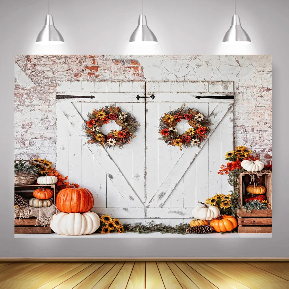 

Autumn Little Pumpkin Backdrop for Photography Fall Flowers Wood Door Background Brick Wall Newborn Birthday Halloween Photocall