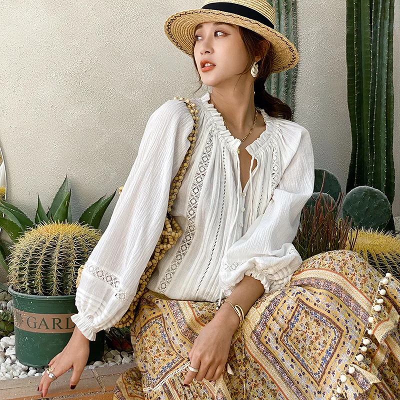 Johnature Summer 2024 Bohemian Long Lantern Sleeve Blouses Women New French Loose White Casual Vintage Female Shirts Tops