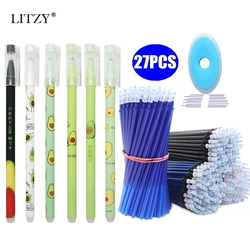 27Pcs/Lot Avocado Erasable Gel Pen Blue Ink 0.5mm Washable Handle Kawaii Stationery Pens Refill Rods for School Writing Tools