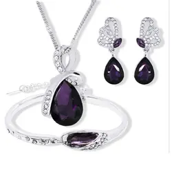 Fine Set 925 Sterling Silver Cubic Zirconia Drops Purple Fashion Jewelry Necklace Pendant Earrings Bracelet Set