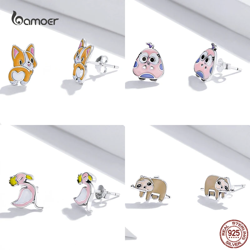 Bamoer New Cute Colorful Animal Earrings for Women Genuine 925 Sterling Silver Lovly Corgi Stud Earrings Creative Party Jewelry