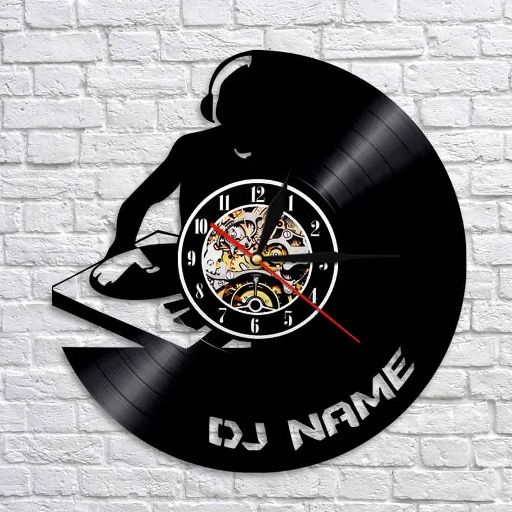 Custom DJ Name Wall Art Decorative Clock Put Your Hands Up DJ Silhouette Retro Music Vinyl Record Hanging Decor For Pub Bar view 3
