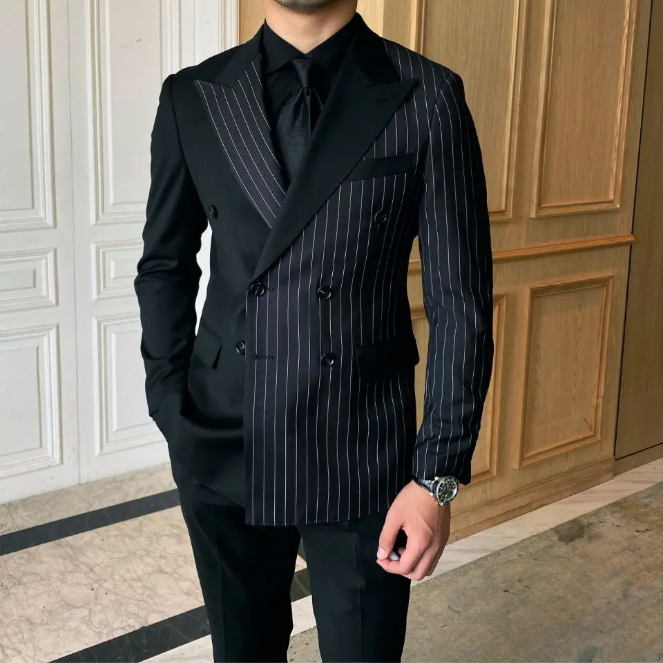 Double Breasted Black Striped Mens Suits For Wedding Custom Made Groom Dress Tuxedos For Man Costume Homme Best Man Blazer Pants