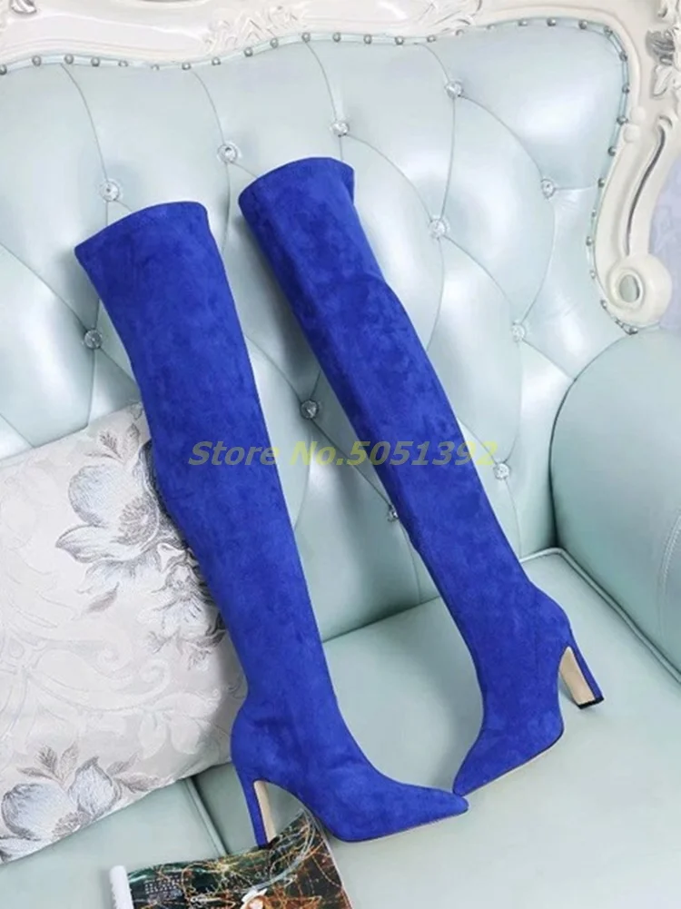 

Замшевые красные высокие сапоги выше колена на молнии на квадратном каблуке, сексуальные модные женские зимние сапоги с острым носком, серые, синие, черные модные женские зимние сапоги