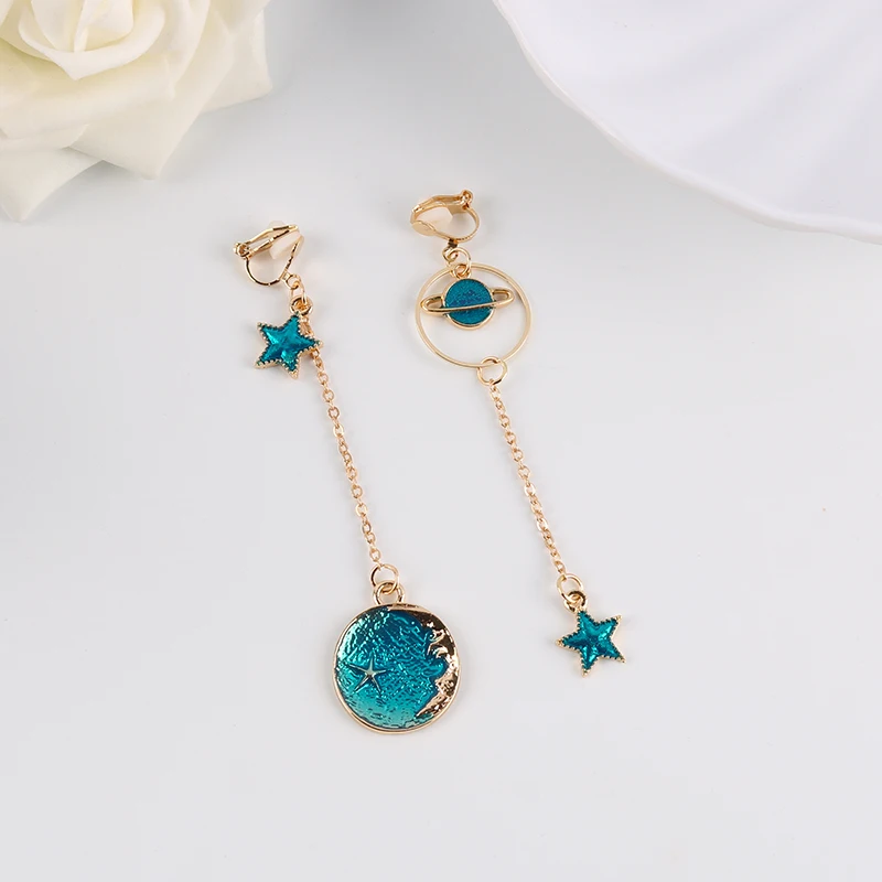 Korea Style Asymmetrical Fresh Enamel Blue Star Moon Planet  Circle Clip on Earrings Non Pierced For Girl Women Party Gift image 5