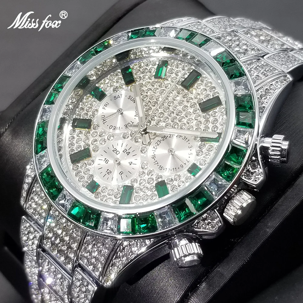 MISSFOX Green Full Daimond Men\'s Watches Luxury Iced Out Calendar Quartz Wristwatch Hip Hop Luminous Waterproof Clock Gift  Male