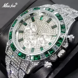 MISSFOX – montre-bracelet de luxe pour hommes, vert, plein diamant, Quartz glacé, calendrier, Hip Hop lumineux, horloge étanche, cadeau