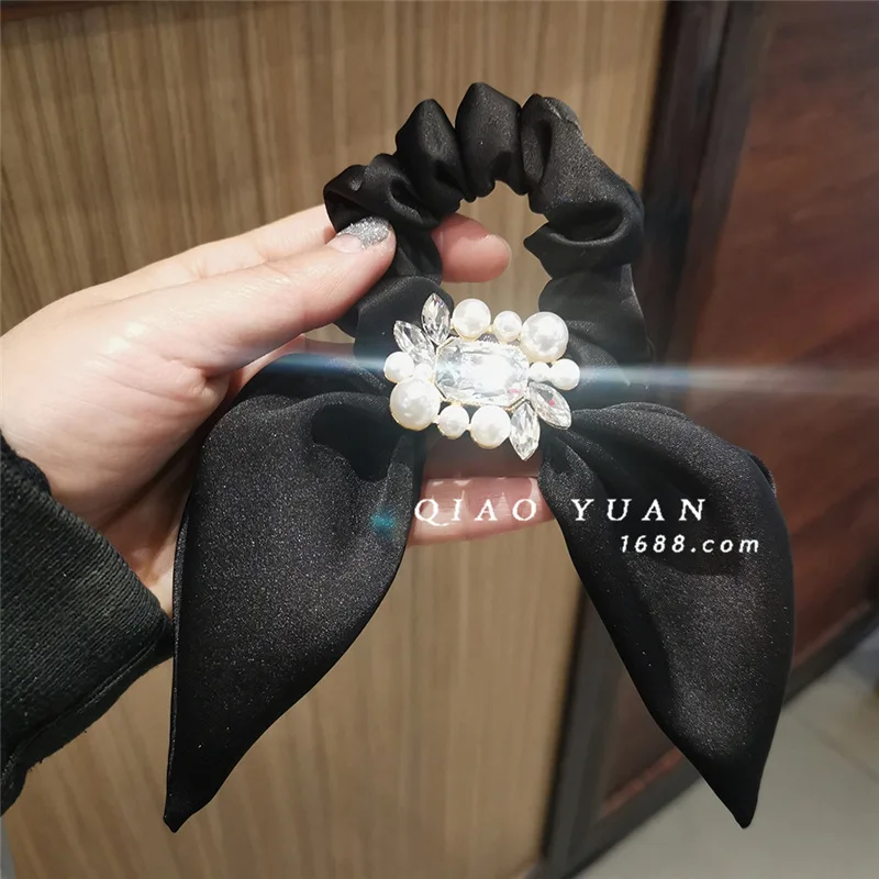 Rhinestone Rabbit Ear Hair Ties Hair Bands 2021 Elegant Top-grade Luxury Crystal Pearl Big Bow Silk Elastic Hair Bands Wholesale