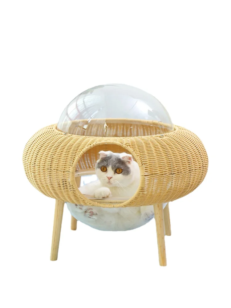 Rattan Cat Nest Winter Warm Fully Enclosed Four Seasons Universal Removable and Washable Space Capsule Cat House Villa Cat Bed