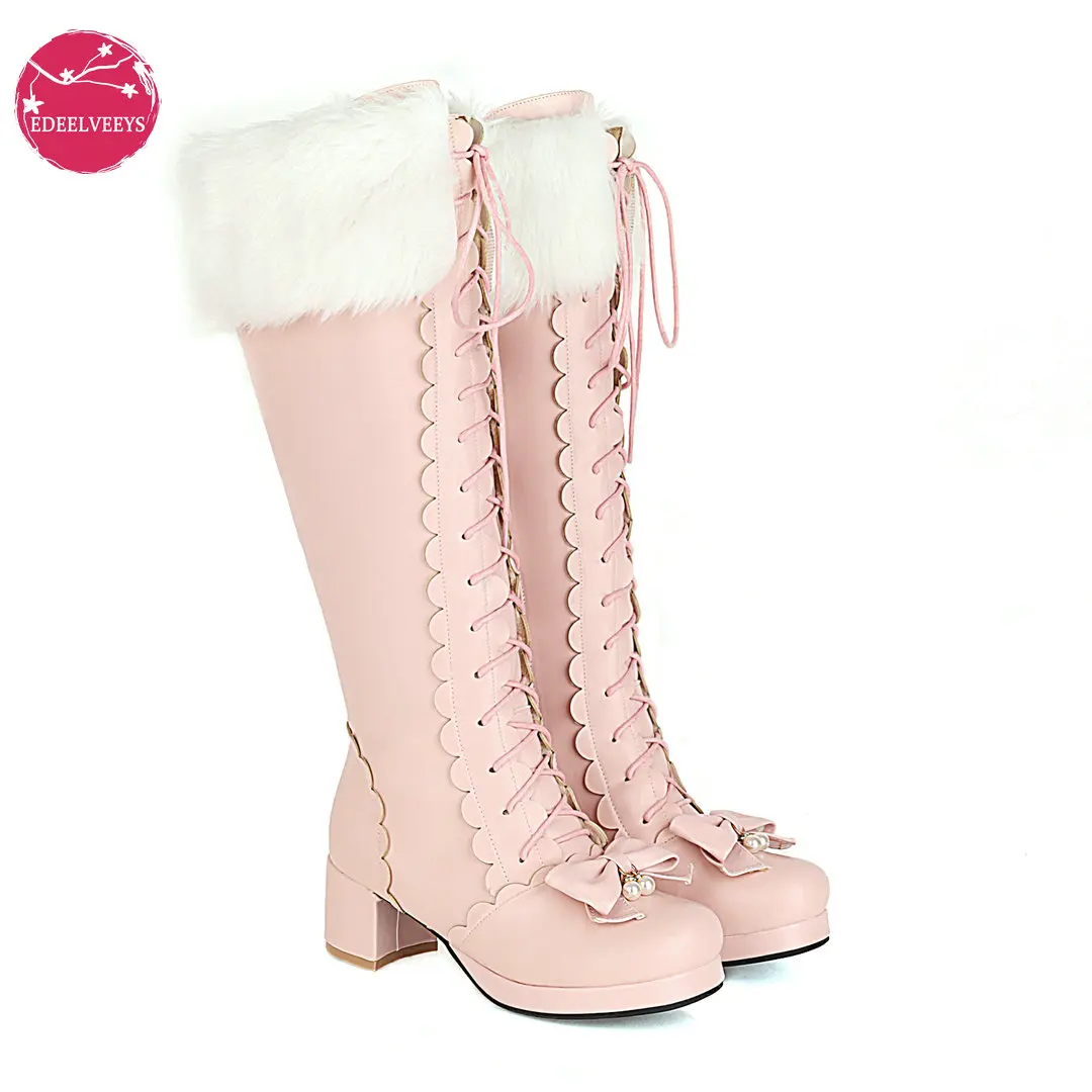 Plus Size Winter Women Wedding Bridal Shoes White Pink Fur Neck Bow Ruffles Princess Uniform Lolita Cosplay JK Knee High Boots