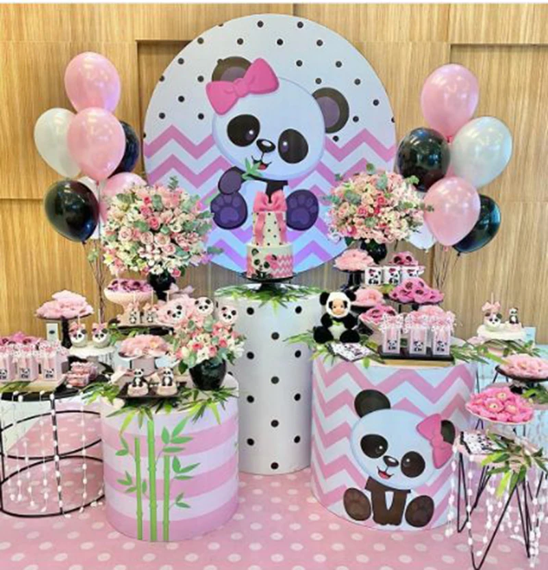 Round circle background birthday mini cake table party decor cute panda pink baby shower elastic fabric 3 cylinder plinth cover