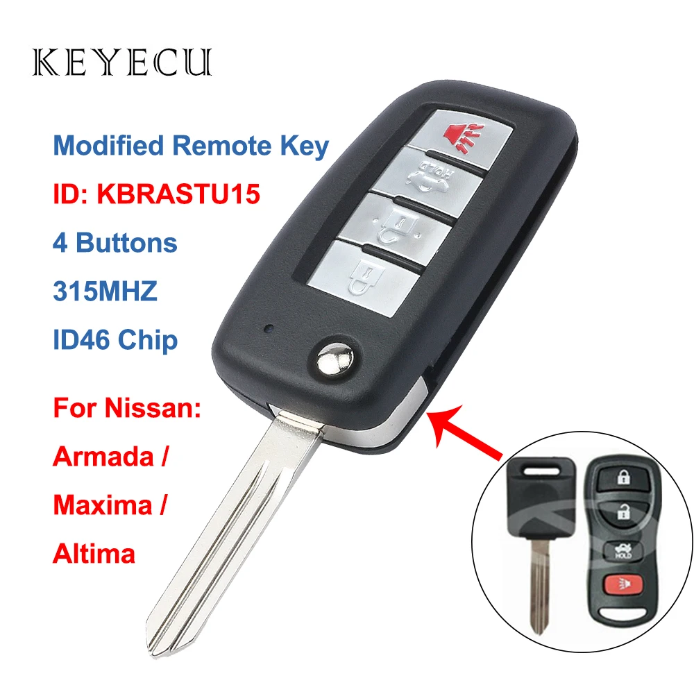 Keyecu Sửa Đổi Từ Xa Chìa Khóa Xe Ô Tô Fob 4 Nút 315MHz ID46 Chip Dành Cho Xe Nissan Altima Thiết Giáp Maxima KBRASTU15, CWTWB1U758, CWTWB1U821