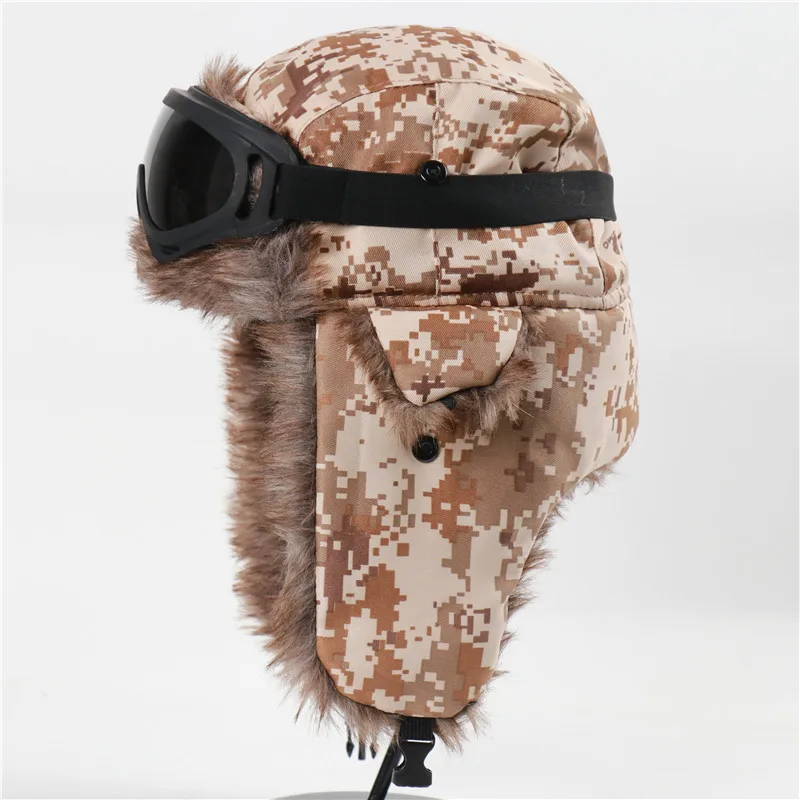 CAMOLAND del Bombardiere di Inverno Earflap Cappelli Per Le Donne Berretto Russo Colbacco Con Gli Occhiali di Protezione del Camuffamento Maschio Berbero Termico del Panno Morbido Tappi di Neve