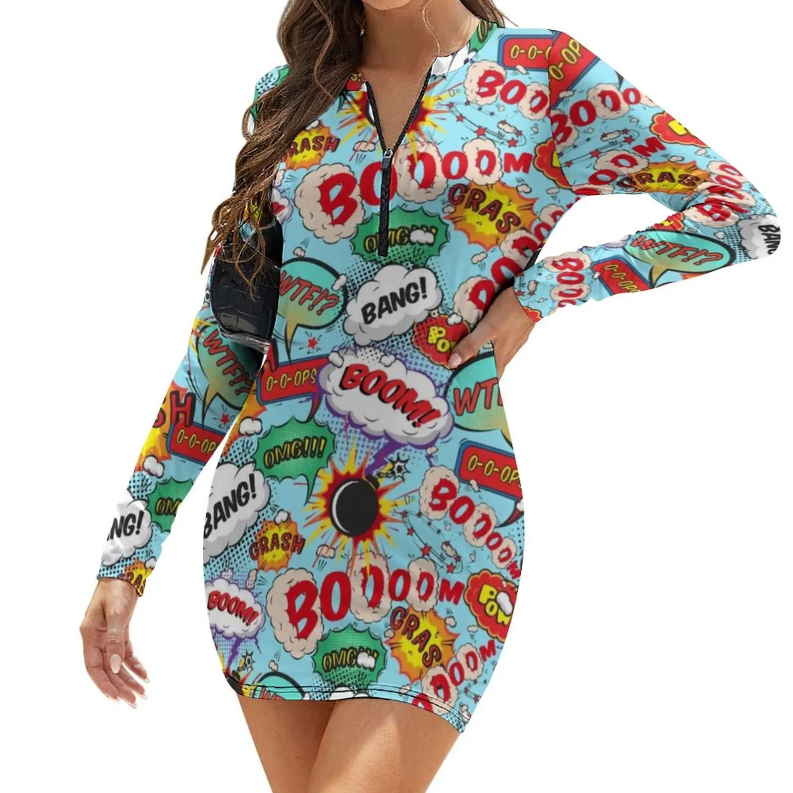 Comic Book Dress Long Sleeve Style Polyester Bodycon Girl Pattern New Year Cheap One-Piece Dress