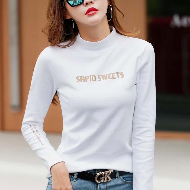 New Women T-shirt Long Sleeve Cotton T Shirt Winter Tops Tees Letter Print Fashion Female Tshirt Casual Pullovers Black White