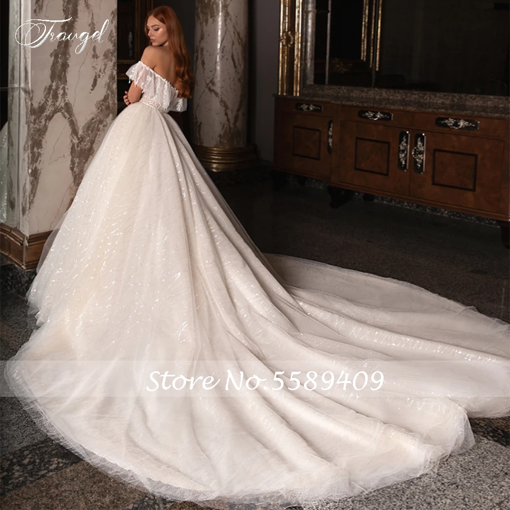 Traugel Strapless A Line Wedding Dresses Elegant Sequin Applique Off The Shoulder Bride Dress Chapel Train Bridal Gown Plus Size