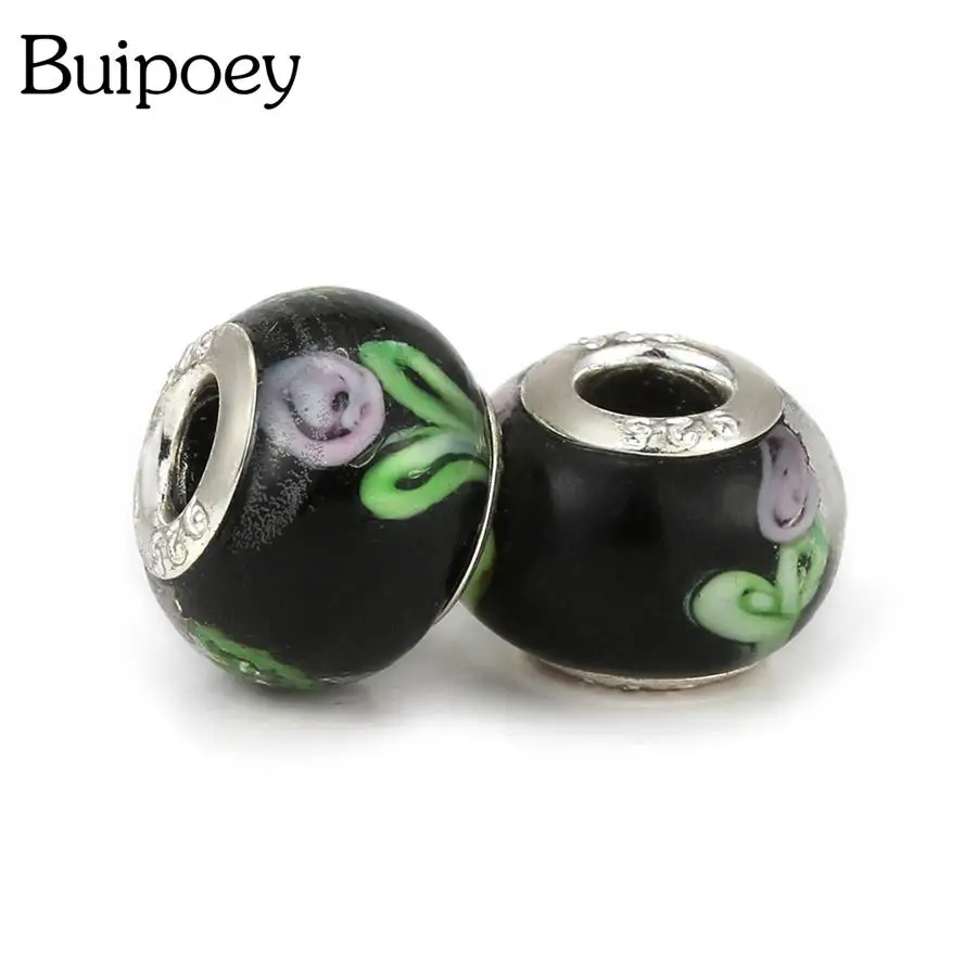 Buipoey 2pcs Green Leaf Flower Pattern Black Bead Big Hole Straight Beaded Diy Bracelet & Necklace Jewelry Making Accessory