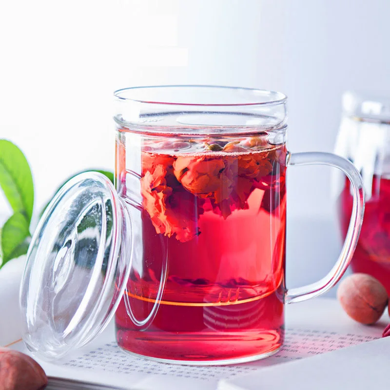 

Creative Glass Tea Infuser Cup With Transparent Filter Handle Lid Heat-Resistant Flower Teacup Office Tea Mug Drinkware