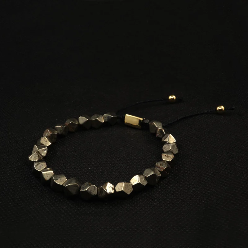 POHIER  Natur Stone Squared Collection - Faceted Iron Pyrite Bead Bracelet For Man Woman  Jewelri For Gift