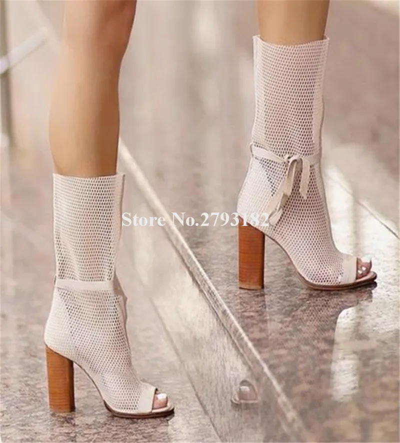 Women Elegant Peep Toe Mesh Short Chunky Heel Gladiator Boots Lace-up Cut-out Black White Thick High Heel Ankle Booties