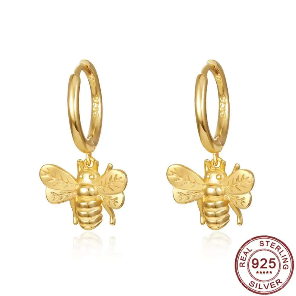 Pendientes de plata de ley 925 auténtica para mujer, aretes pequeños de abeja e insectos, aros de circonita con diamantes, joyería de oro coreana