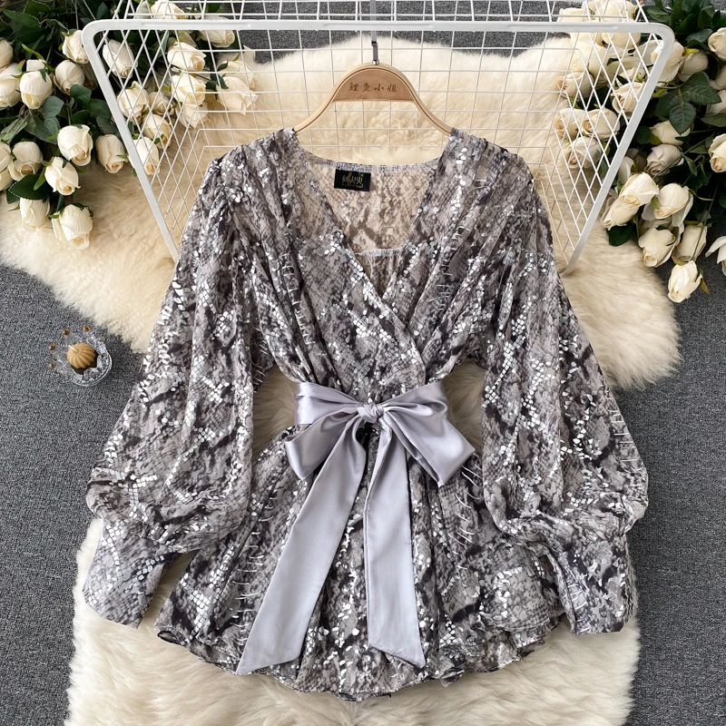 SINGREINY Women Retro Snake Print Blouse Long Sleeve V Neck Sashes Casual Tops Autumn Fashion Loose Streetwear Female Blouses