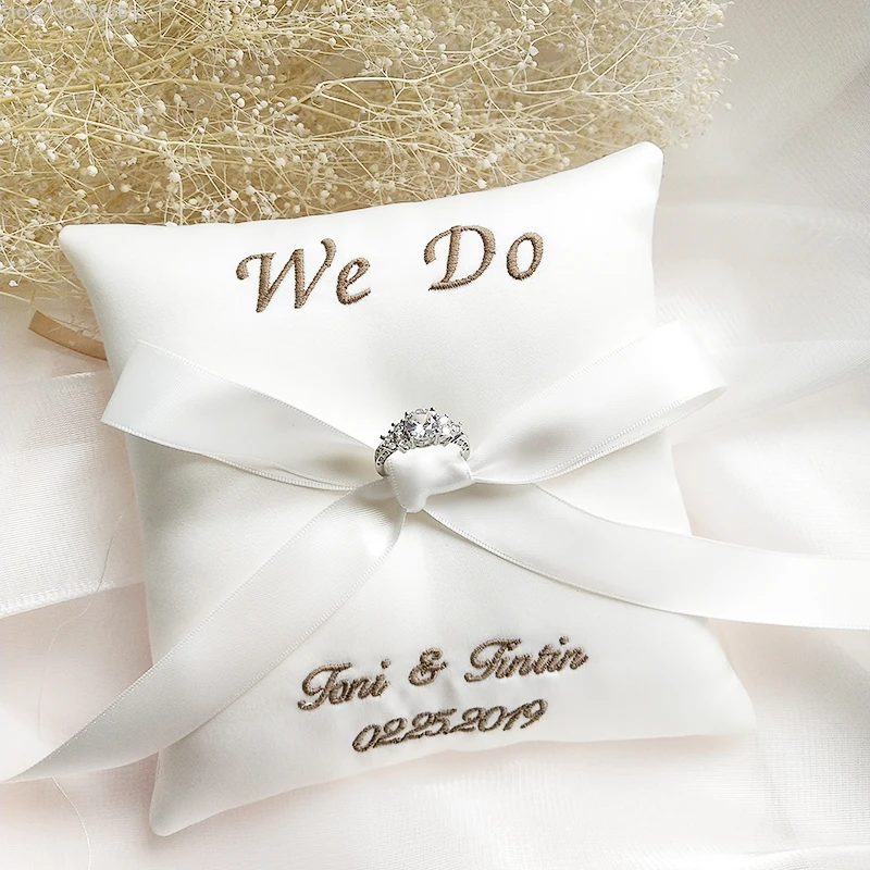 

1pcs Custom Embroidered Logo Ribbon Engagement Wedding Marriage Proposal We Do Ring Pillow Event Decor