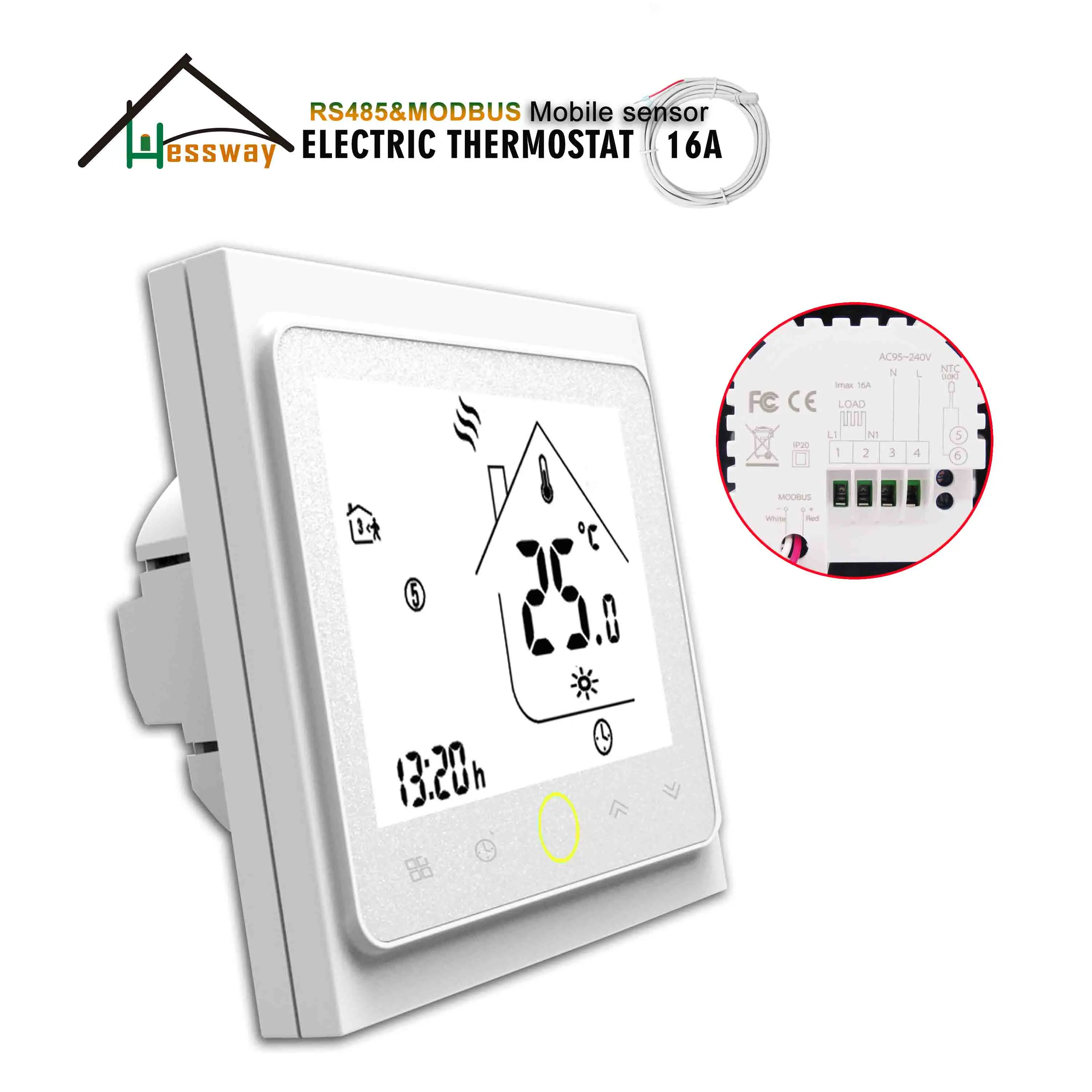 

HESSWAY 24V 95-250VAC 16A Double Sensor Electric Temperature Controller for Thermostat RS485 Modbus Protocol Remote Operation