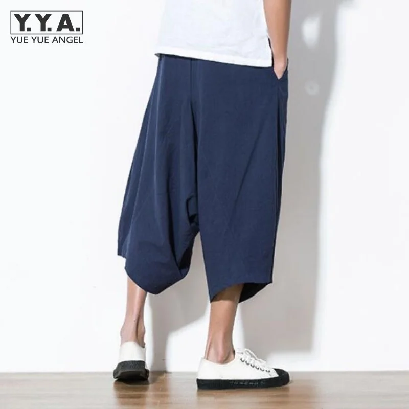 

Harajuku Japan Loose Mens Capri Pants Linen Cotton Haren Pants Wide Leg Comfort Mens Short Trousers Casual Male Short Beachwear