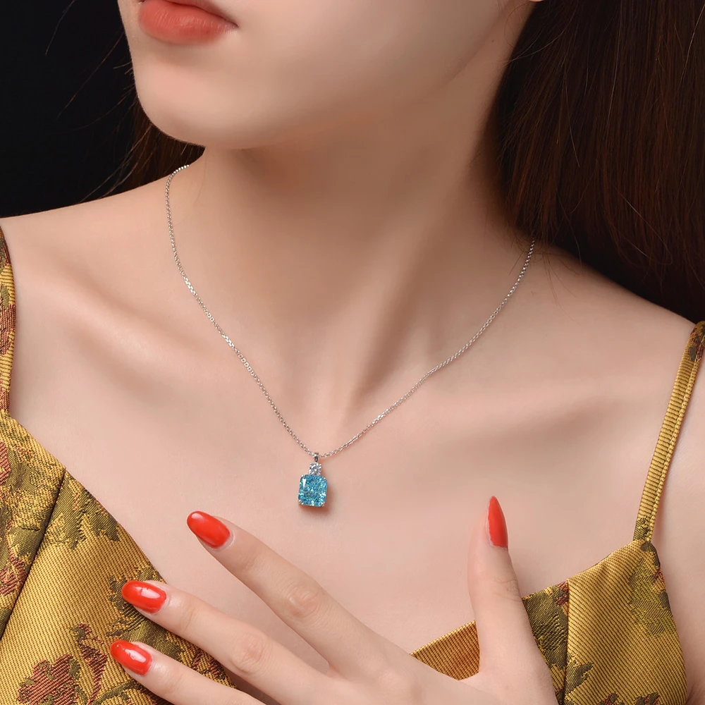 Luxury 100% 925 Sterling Silver 9*10mm Aquamarine High Carbon Diamond Pendant Necklace for Women Wedding Party Fine Jewelry Gift