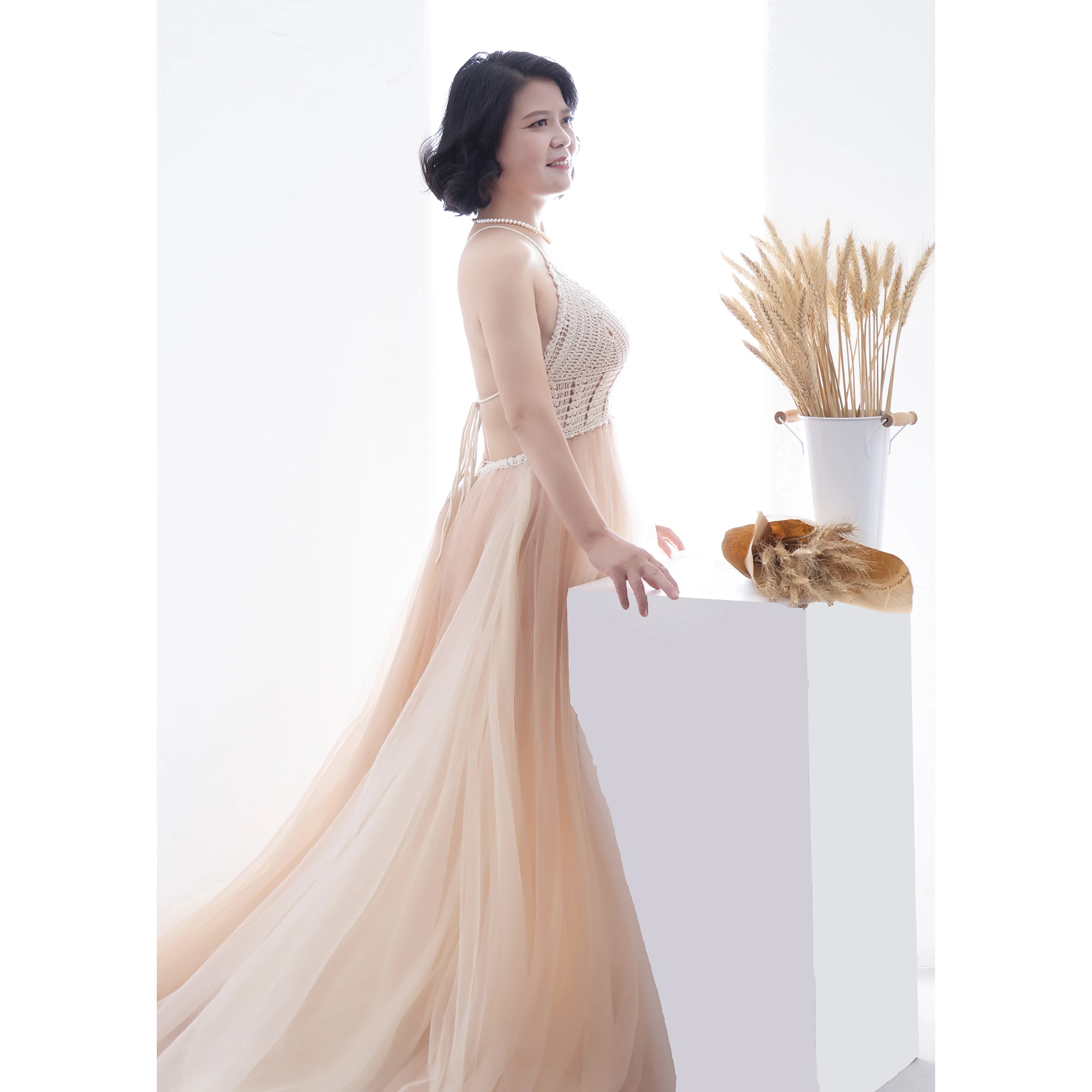 Don&Judy Sexy V Neck Backless Tulle Photoshoot Maternity Dresses Prom Bride Beach Birthday Party Wedding Robe Gown Photography