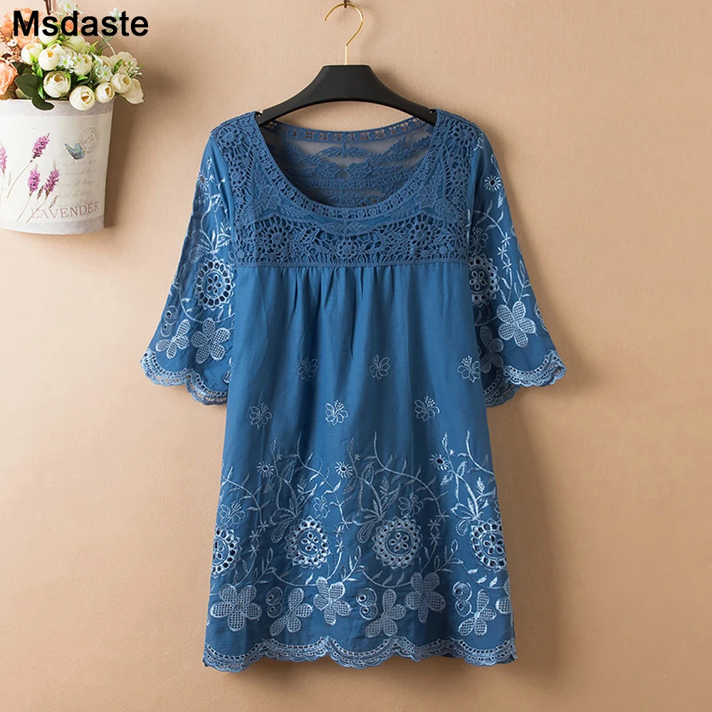 Tunic Tops for Women Summer Chinese Blouses Cotton Vintage Embroidery Loose Ladies Shirts Plus Size XL~3XL Woman Top and Blouse