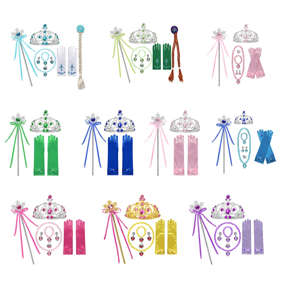 Girls Anna Elsa Cospaly Sets Crown Magic Wand Necklace Wig Gloves Accessories Earring Bracelet Sleeping Beauty Belle Party Gift