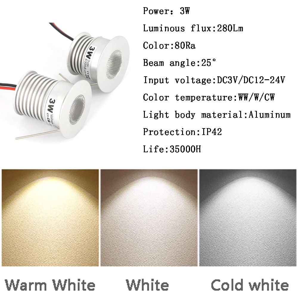 12-24V 3V LED Spotlight Cabinet Spot Light 3W Recessed Cupboard Showcase Downlight 30mm Cutout Ceiling Spotlight Bedroom Light