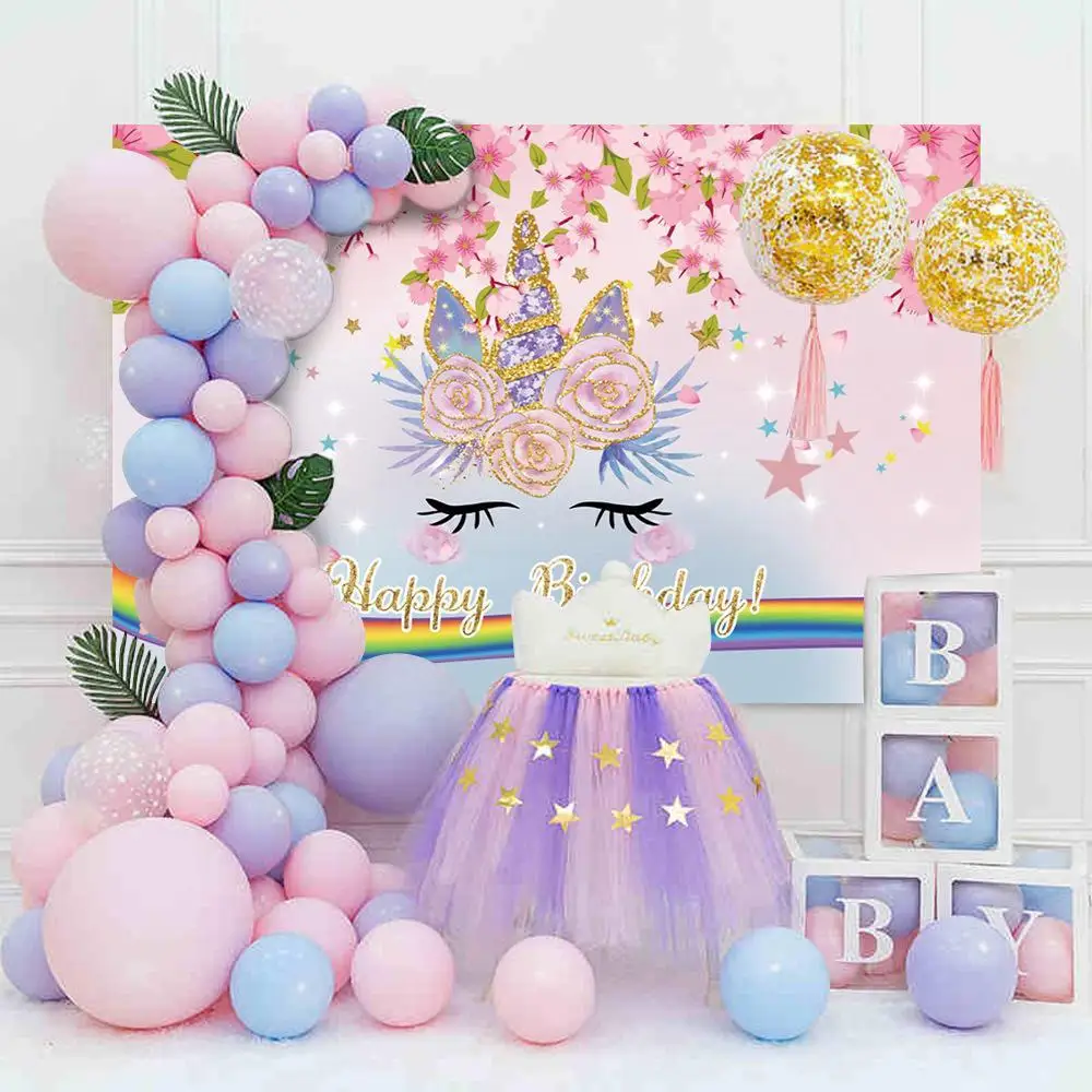 

Unicorn Flowers and Rainbow Children Portrait Photography Backdrop Birthday Party Decor Photo Background Studio Photocall Props