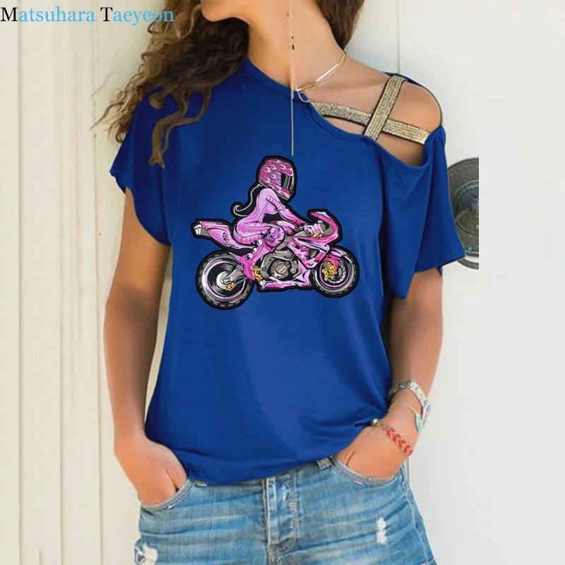 Pink Biker with Pink Girl Rider Fashion NEW T Shirt Women Short Sleeve TShirt Cotton T-Shirt Female Irregular Skew Cross Bandage