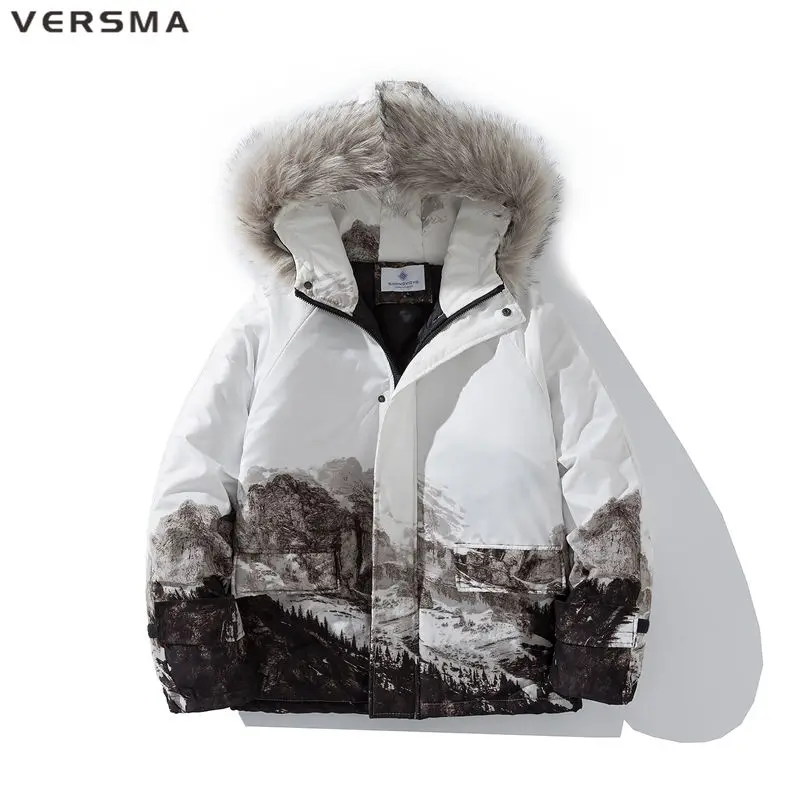 Versma Japanse Harajuku Trendy Snow Mountain Print Parka Mannen Winter Warme Dikke Katoenen Gewatteerde Unisex Bont Parka Mannelijke Dropshipping