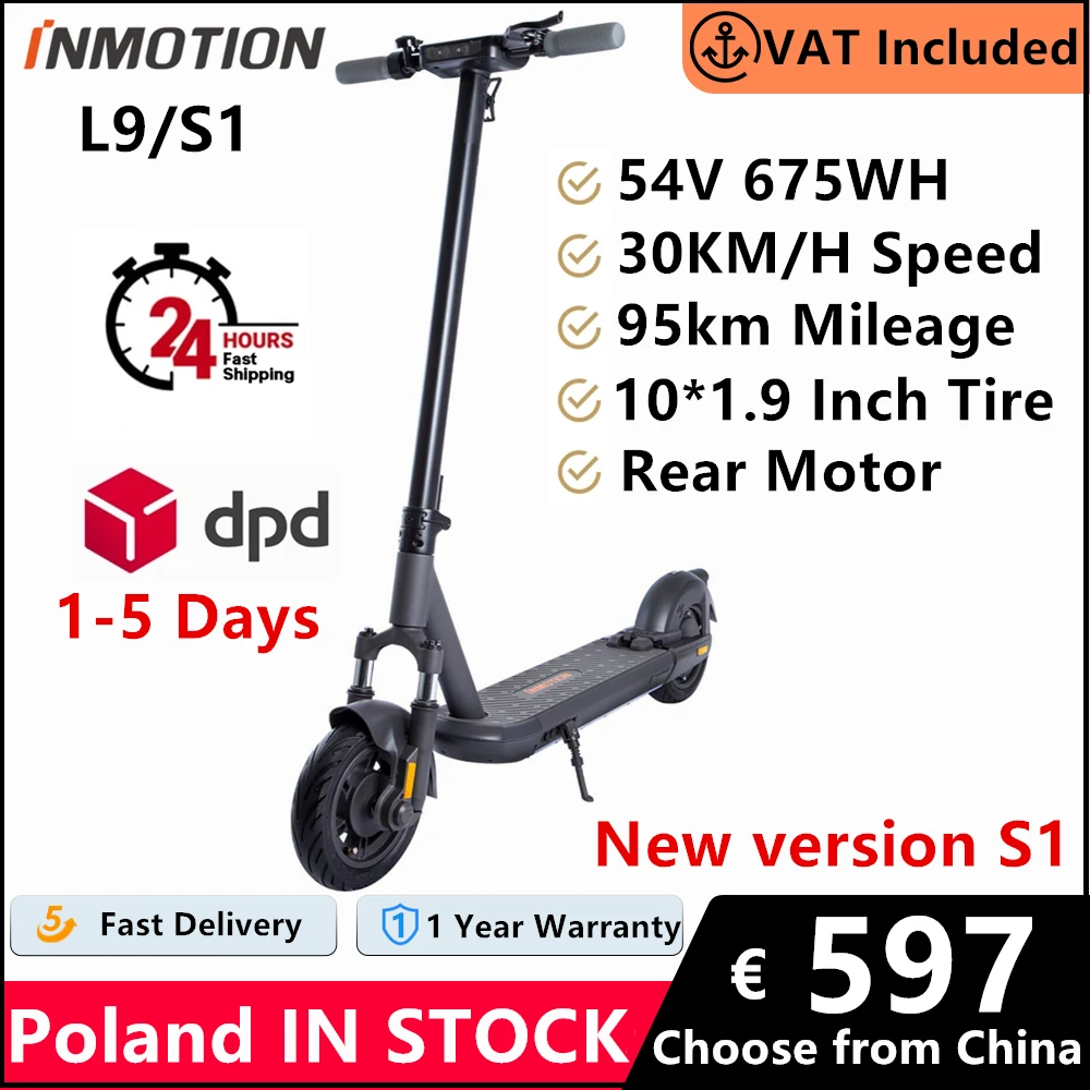 Original New INMOTION L9 S1 Electric Scooter 10 Inch Tire Max Speed 30km/h 95KM Mileage 675WH Kickscooter 1000W Power Scooters