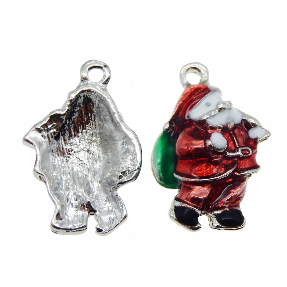 Julie Wang 10 PCS 24*15mm Alloy Enamel Xmas Santa Claus Charms Father Christmas Pendant For Bracelet Earrings Dangle Jewelry DIY