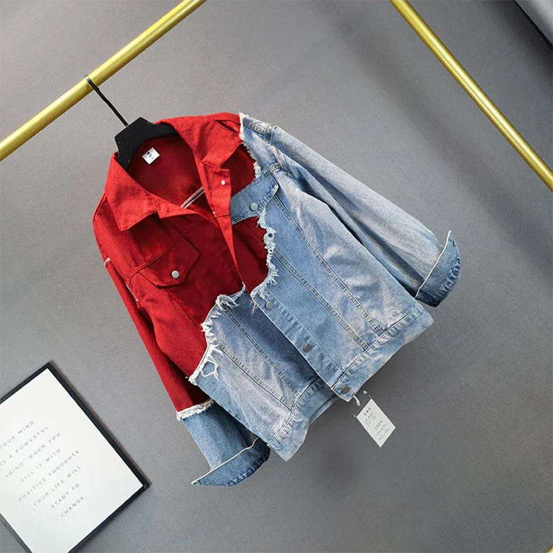 Women Frayed Burrs Patchwork Hit Color Denim Jacket Loose Casual Streetwear Long Sleeve Jean Jacket Casual Spring Autumn 2024