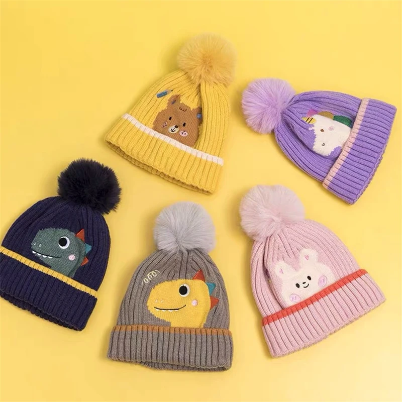 2PCS Set Baby Hat Scarf Winter Warm Thick Knitted Cap Cartoon Dinosaur Bunny Beanies Scarf For Children Girls Boys Baby Clothing