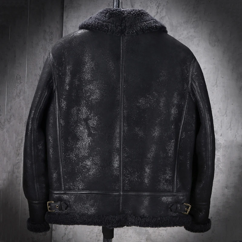 New Shearling Coat Mens B3 Bomber Jacket Black Leather Jacket Short Fur Jacket Mens Winter Wool Coat