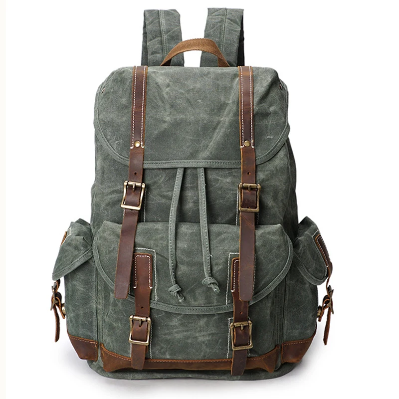 

Vintage Waterproof Waxed Canvas Men's Backpack Women Rucksack Genuine Leather Backpack Bagpack large knapsack teenage School Bag