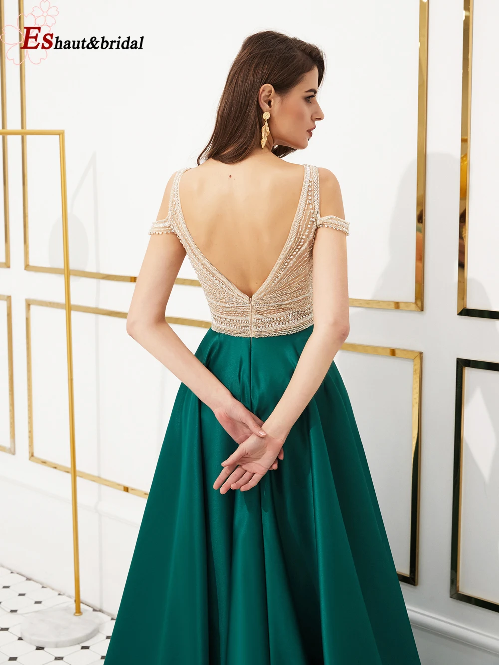 Elegante vestido de noche con cuentas y cuello en V para mujer, Vestido largo de satén con hombros descubiertos, Formal, para fiesta de boda y graduación, 2023