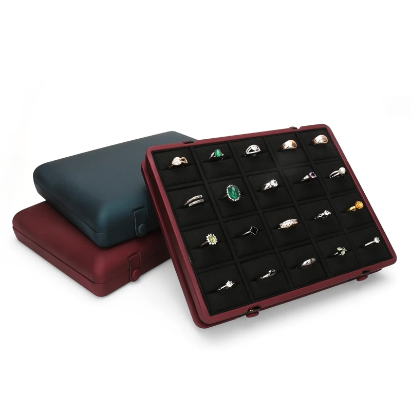 New Red PU Leather Concealed Button Jewelry Ring Pendant Display Tray Built-in 20 Cells Card Slot For Women Fashion Accessories