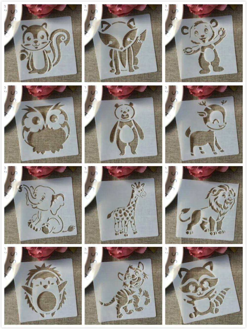 12Pcs/Set 13cm Zoo Animals Squirrel Lion DIY Layering Stencils Painting Scrapbook Coloring Embossing Album Decorative Template